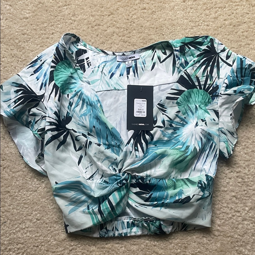 Fashion Nova Green and Blue Tropical Crop Top